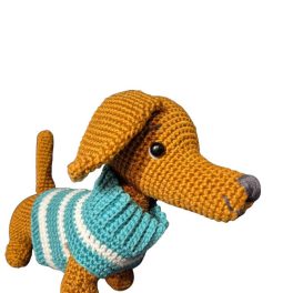 Dachshund- Crochet toy - turquoise-white
